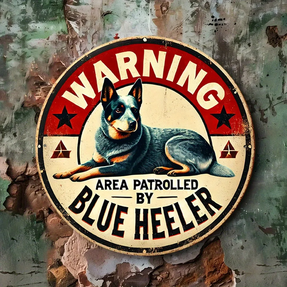 لوحة فنية جدارية مسطحة، قطعة واحدة من الكعب الأزرق العتيق - لوحة معدنية ريفية مستديرة من الألومنيوم مقاس 7.8 بوصة مع رسم توضيحي للكلاب والأحمر #4