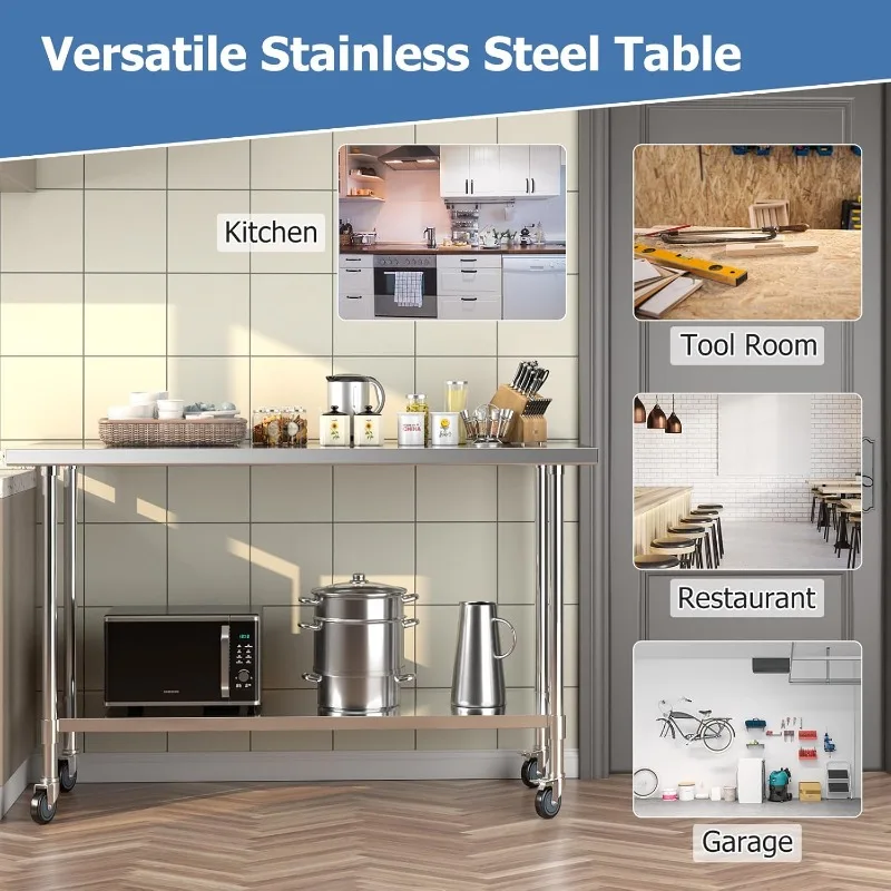 Stainless Steel Table with Wheels, 60” x 24” Rolling Kitchen Prep Table Work Table with Height Adjustable Under Shelf, Fo