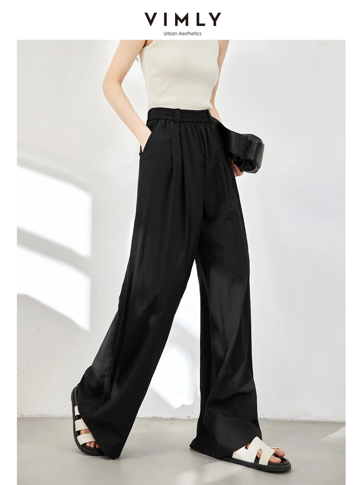 

VIMLY Women's Simple Casual Solid Color Wide-Leg Thin Pants Summer New Loose Fashion Elastic Waist Draped Pants With Pockets