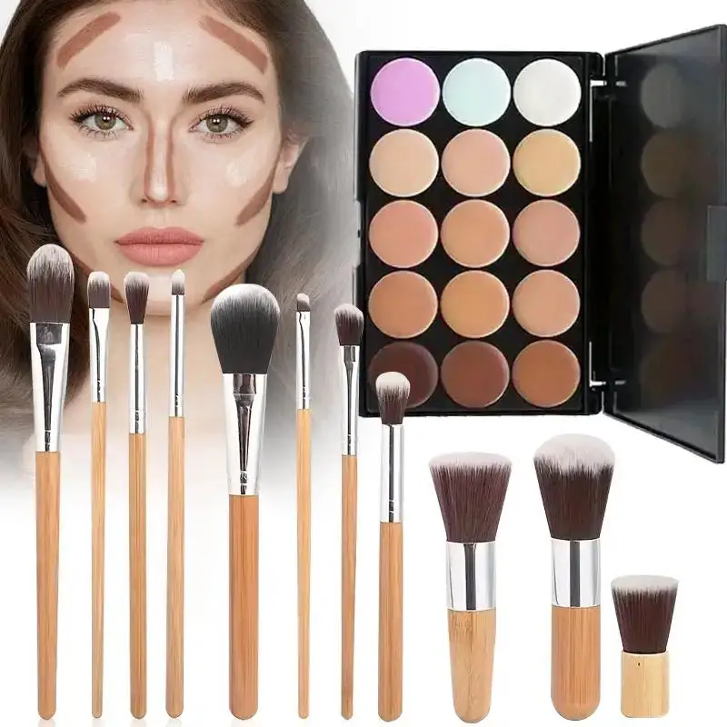 15 Colors Concealer Palette Shade &11Pcs Bamboo Handle Makeup Brushes Set Face Contour Concealer Cream Makeup Beauty Tools Kit