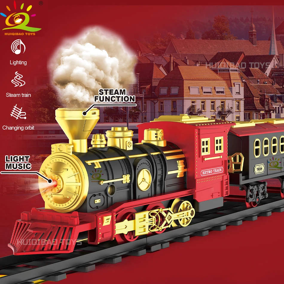 HUIQIBAO Weihnachten Elektrische Zug Spielzeug Set Retro Klassische Lokomotive Motor Fracht Auto Lange Spur Spielzeug Mit Licht und Geräusche Rauch