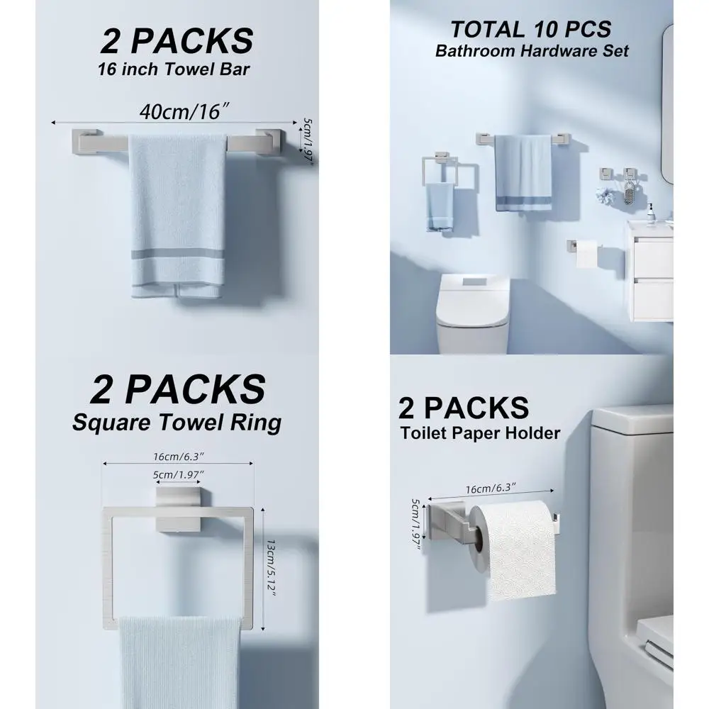 

Набор квадратных аксессуаров для ванной комнаты из матового никеля из 10 предметов: 16 вешалок для полотенец, держателей для туалетной бумаги, колец и крючков для халата из нержавеющей стали.