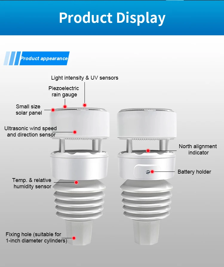 초음파 기상 관측소는 환경 모니터링, 농업용 사물 인터넷 모니터링 및 기타 분야에 사용됩니다.