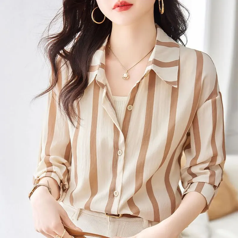 Commute Korean Striped Shirt Women\'s Clothing Casual Loose Single-breasted 2024 Spring Summer Fashion Polo-Neck All-match Blouse