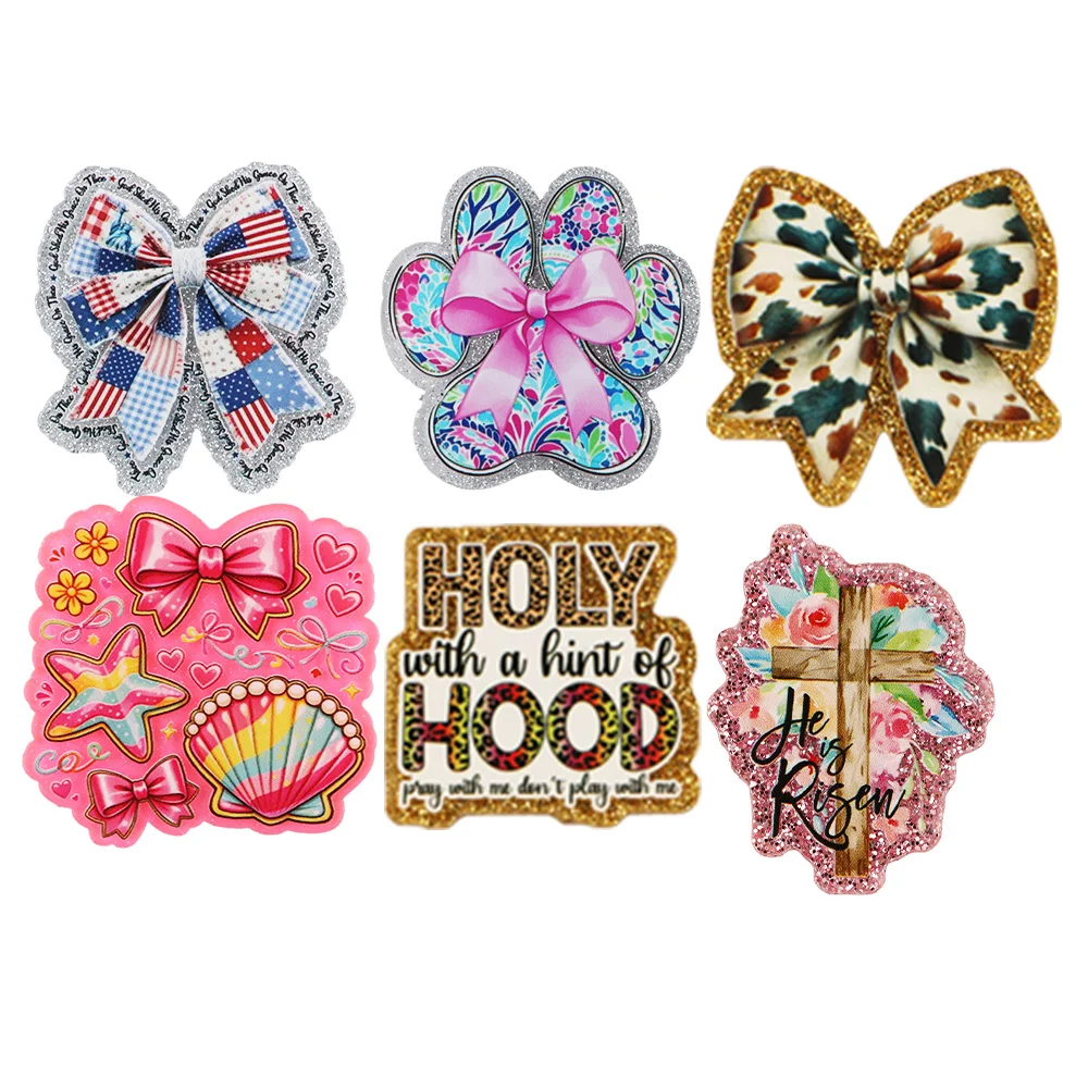 5PCS Bow Cross Text Holy Hood Resin Planars Acrylic Flatback Glitter Powder Handmade Materials for DIY Badge Pendant