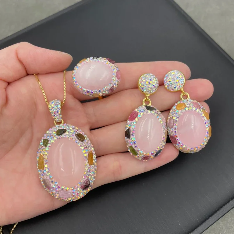 

Trendy Natural Powder Crystal Tourmaline Original Stone Set with 2 Different Earrings To Choose From, Party and Wedding Jewelry