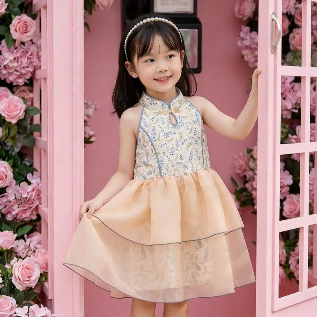 

New summer princess dress for girls, new Chinese style bow, sleeveless hanging neck, fluffy mesh dress for adults