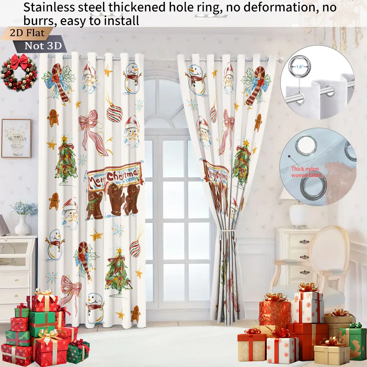 2pcs Christmas pink gingerbread printed perforated curtains, multiple sizes for living room and bedroom insulation decoration