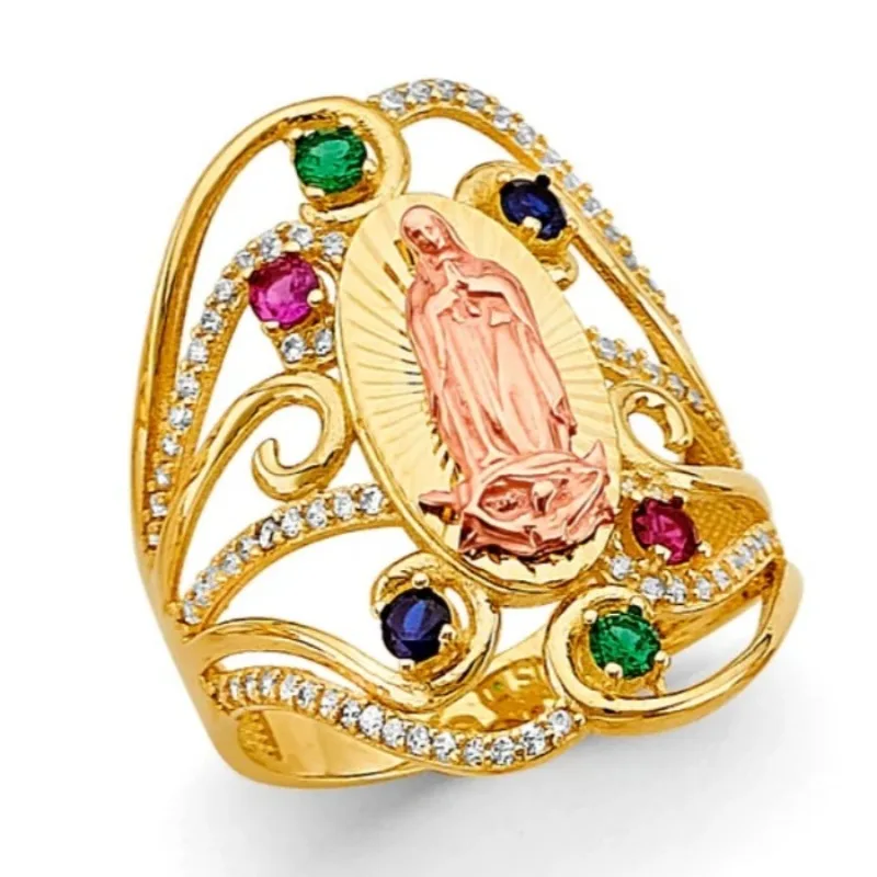 Vintage Virgin Mary Cameo Colored Synthetic Zirconia Two Tone Ring Women's Elegant Luxury Banquet Festival Perfect Jewelry Gifts