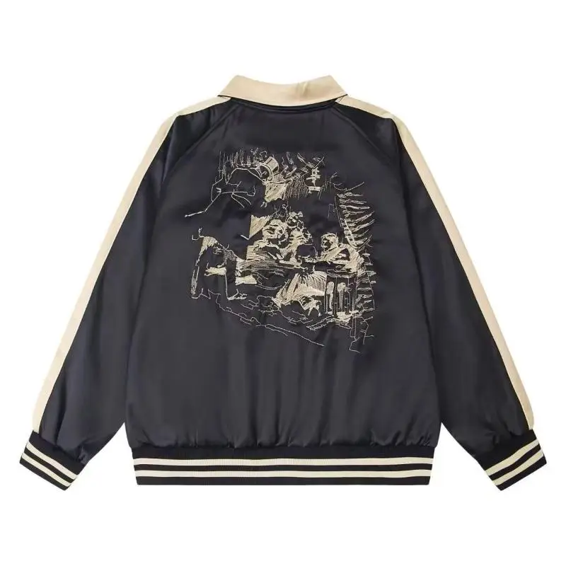 Mr. WH Stitched Jacket Spring Autumn Unisex Baseball Style Contrast Color National Trend Embroidery Long Sleeve Zipper Closure