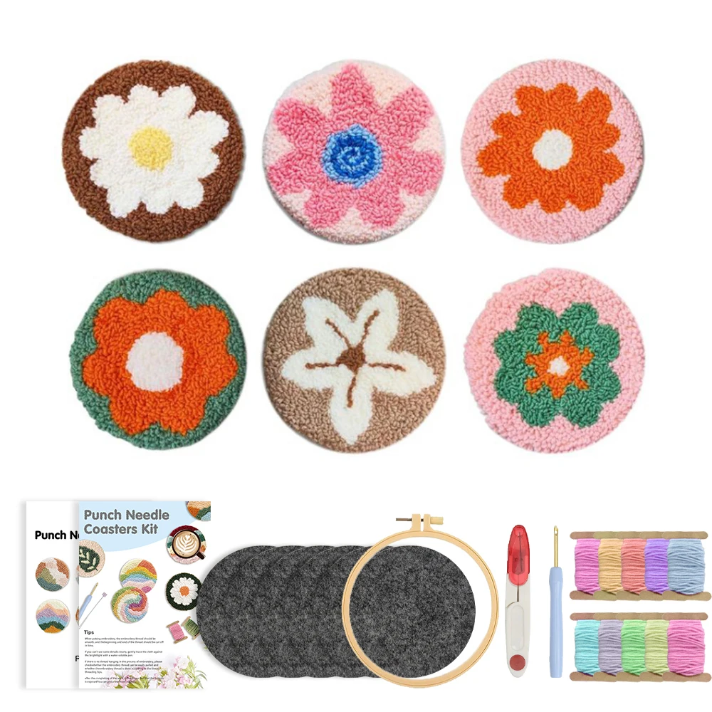 

DIY Punch Needle Coaster Starter Kits Flowers Needlework Wool Poke Magic Embroidery Needle Kit Yarn for Beginners Home Decor