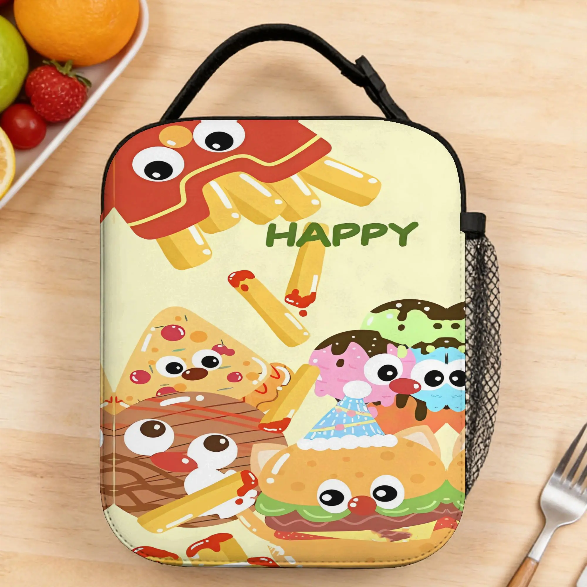 Happy Fries Characters Pattern Lunch Bag  Travel Lunch Box For Child Kawaii Custom Thermal Tote Handbags Portable Cooler Bag