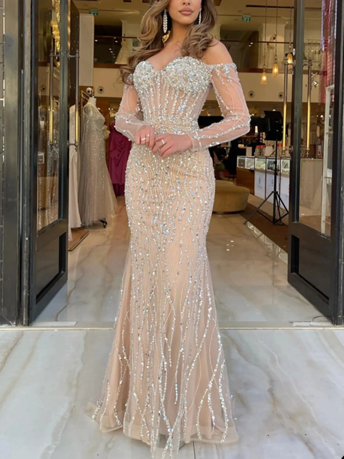 Mermaid Evening Dresses Sweetheart Boat Neck Sequins Beading Lace Party Prom Dress Fit Size Custom Made