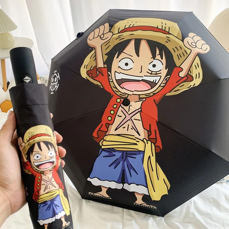 Anime Figures Luffy Automatic Umbrella One Piece Boys and Girls Clear Day Rain Dual-Use Portable Folding Sun Umbrella Fans Gift