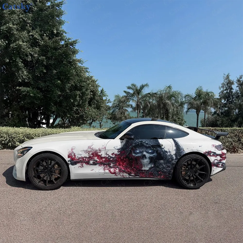 2pcs Hooded Ghost Skull Diffused Smoke Car Side Wraps, Self-Adhesive PVC Waterproof & Scratch-Resistant Stickers, Car Accessory