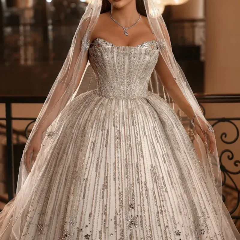 

Customized Shiny silvery Ball Gown Royal Wedding Dresses Sweetheart applique backless Vestido De beads Made Robe De