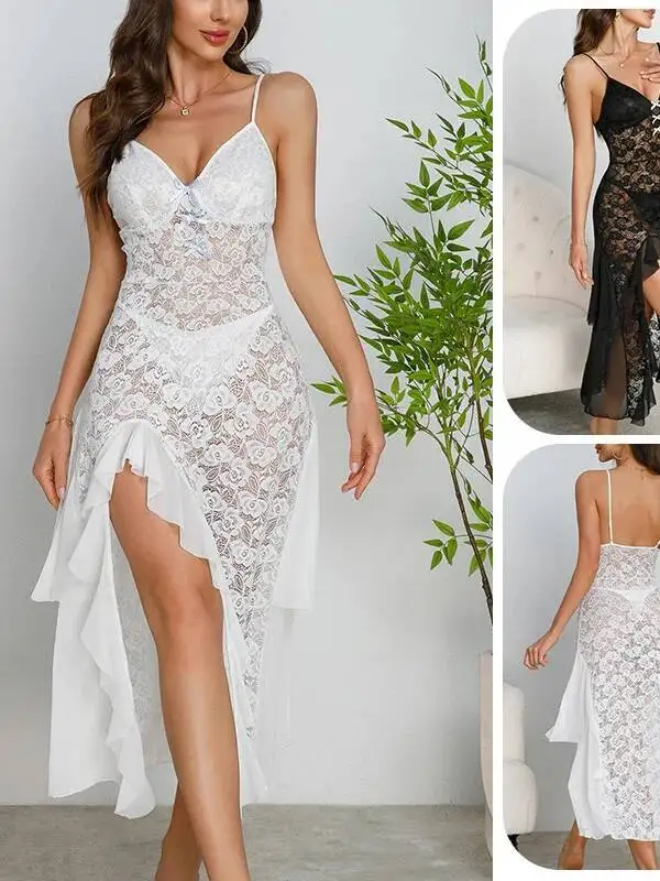 Sukienka koronkowa na ramiączkach, głęboki dekolt V, prześwitująca siateczka, rozcięcie, luksusowa, seksowna bielizna nocna, jednolity kolor, odkryte plecy, głęboki dekolt V, ramiączka, sukienka bez rękawów 2B23