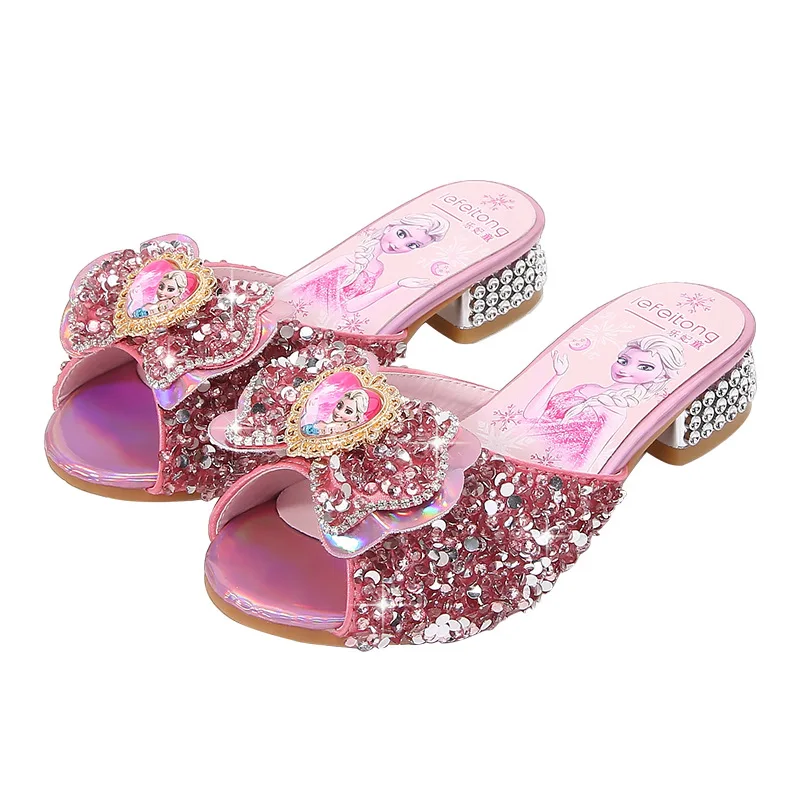 Disney Kids Sandals High Heel Slippers Summer Fashion Pink Blue Girls Shoes Indoor Outdoor Non-slip Princess Diamond Shoes