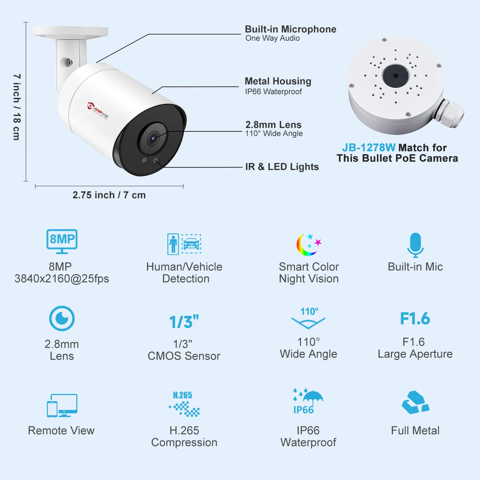 Anpviz 8MP POE IP Bullet Camera Outdoor 24/7 ColorVU 30m CCTV Video Surveillance IP66 SD Card H.265 Audio Motion Detection 2.0
