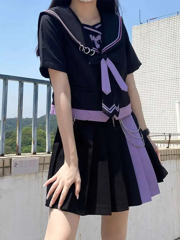 Jk 유니폼 정장 여름 의류 Hottie Sailor 유니폼 Dark Bad 짧고 긴 치마 Cos Cosplay 보라색 빨간색 티셔츠 긴 소매