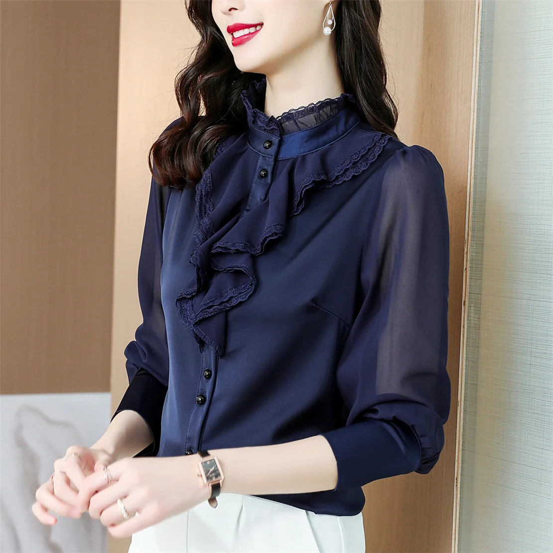 #2539 Spring2023 Blue Office Chiffon Blouse Women Ruffles Stand Collar Vintage Shirt Female Long Sleeve Office Women Shirts Slim