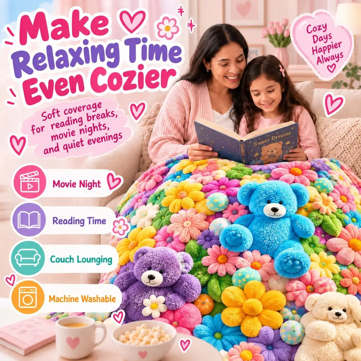 Teddy Pastel Floral Print Blanket, 2027 New 3D Plush Blanket，Teddy：60x80in
