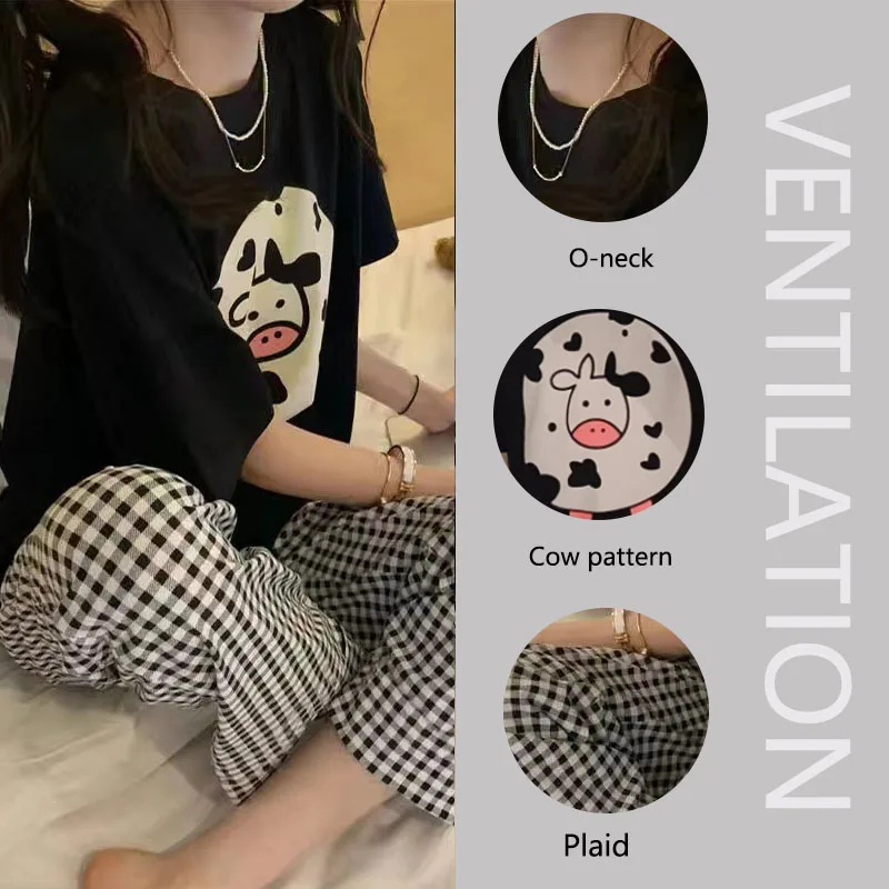 2pcs/Set Pajamas Summer Set Of Students Short-Sleeved Long Pants Cartoon Cow Ladies Homewear Breathable Easy To Clean Black Xxl