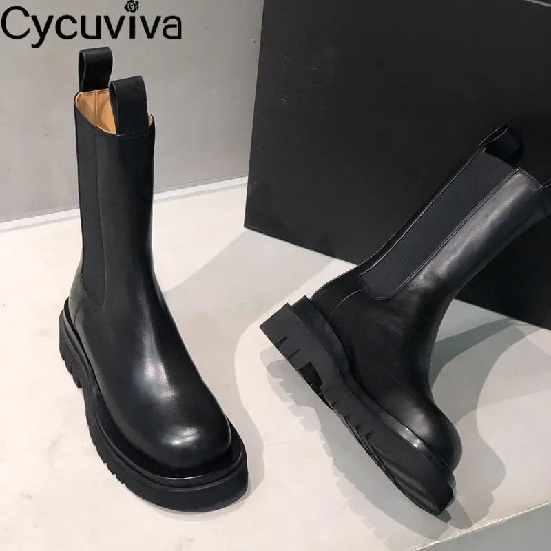 Mid-calf Chelsea Boots Women Shoes Genuine Leather Black Platform Shoes Female Bottnes Casual Motorcycle Boots For Women