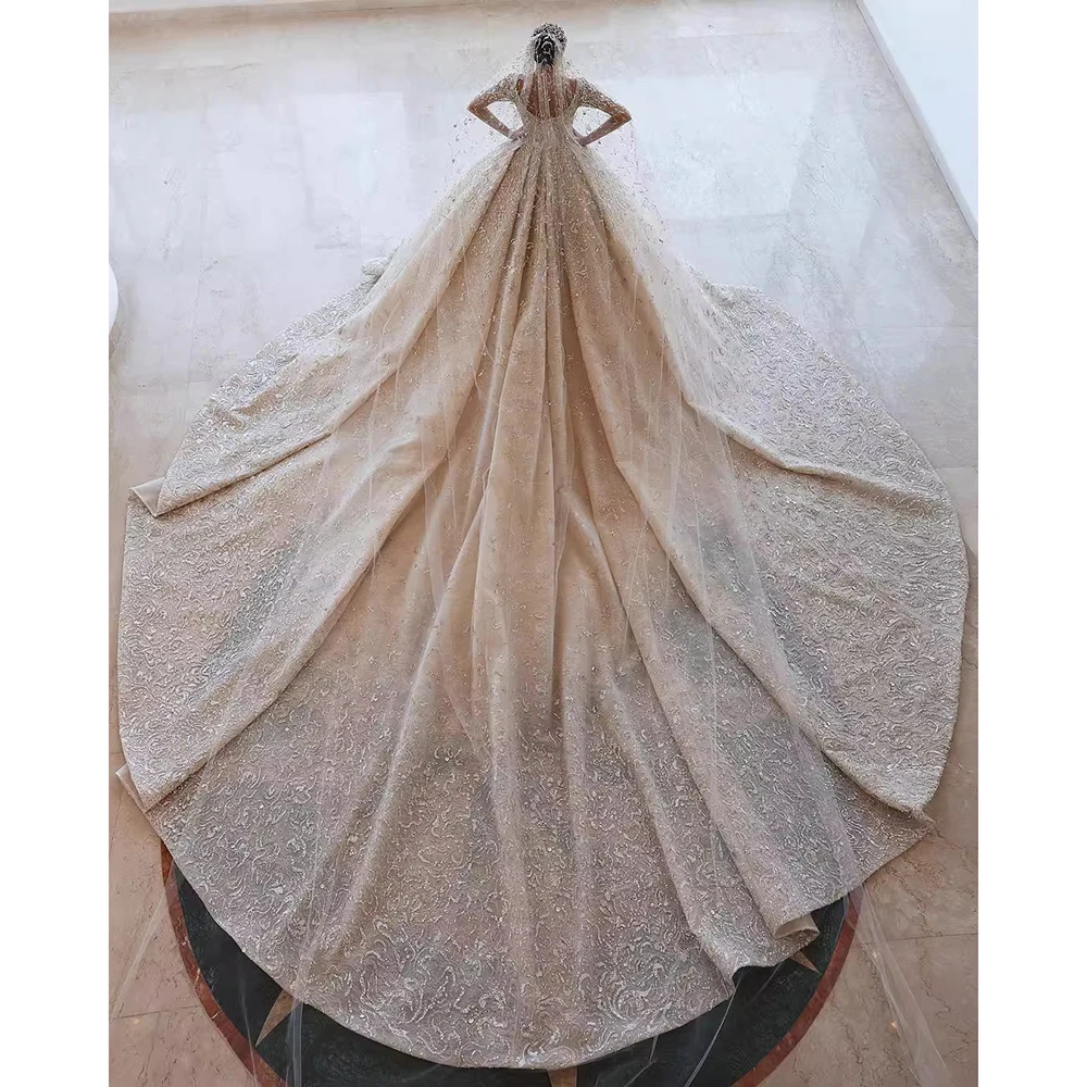 Luxuoso pescoço quadrado vestidos de casamento lantejoulas frisado renda ilusão mangas compridas vestido de noiva personalizado princesa vestido de noiva