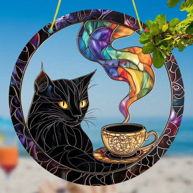Acrylic Painting Stained Glass Style Black Cat with Golden Coffee Cup and Rainbow Steam Plastic Window Hanging Suncatcher, 2D Fl