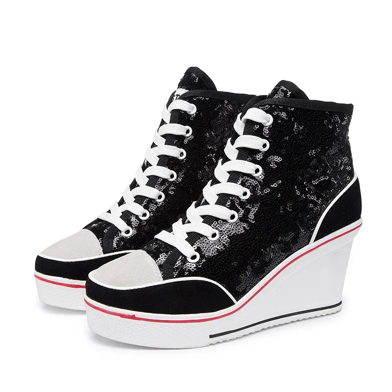 High Top Women Height Increasing Wedges Lace Up Shoes Flats Casual Ankle High Top Sliver Canvas Shoes Glitter Sequins Plue Size