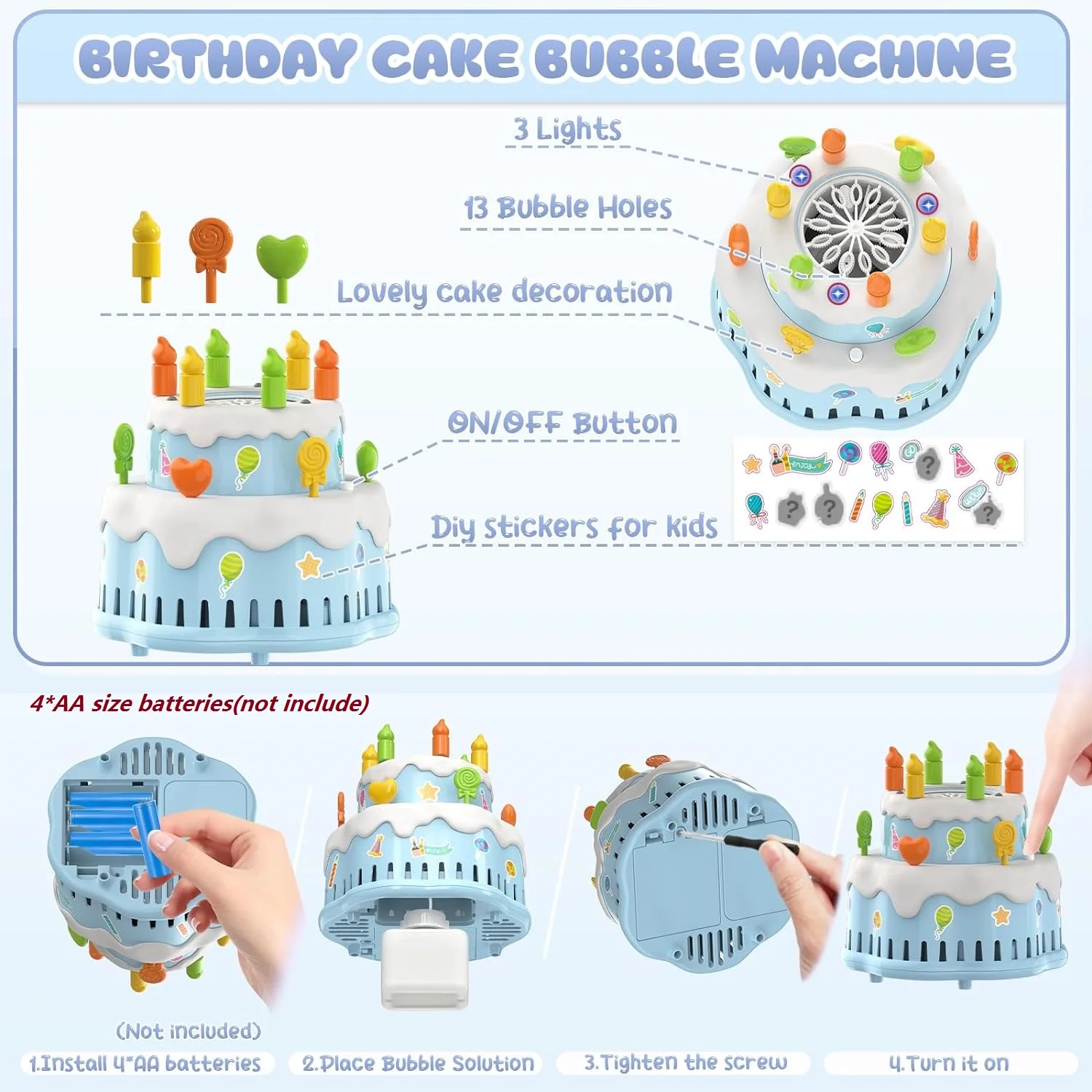 آلة فقاعات كعكة عيد الميلاد للأطفال ، آلية + فقاعات في الدقيقة ، أضواء ، ألعاب موسيقية للأولاد والبنات ، حفلات أعياد الميلاد