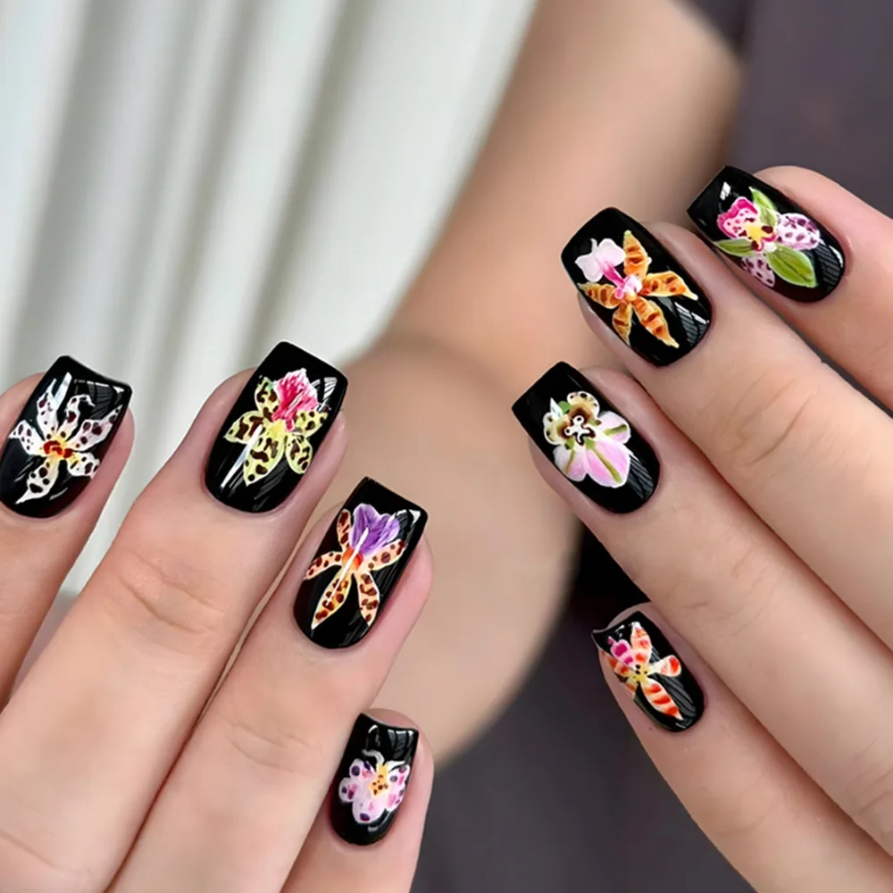 24Pcs Mid-length Square Press on Nails Tips Black French Shiny Powder Fake Nails Rhinestone Wearable Full Cover False Nails Art