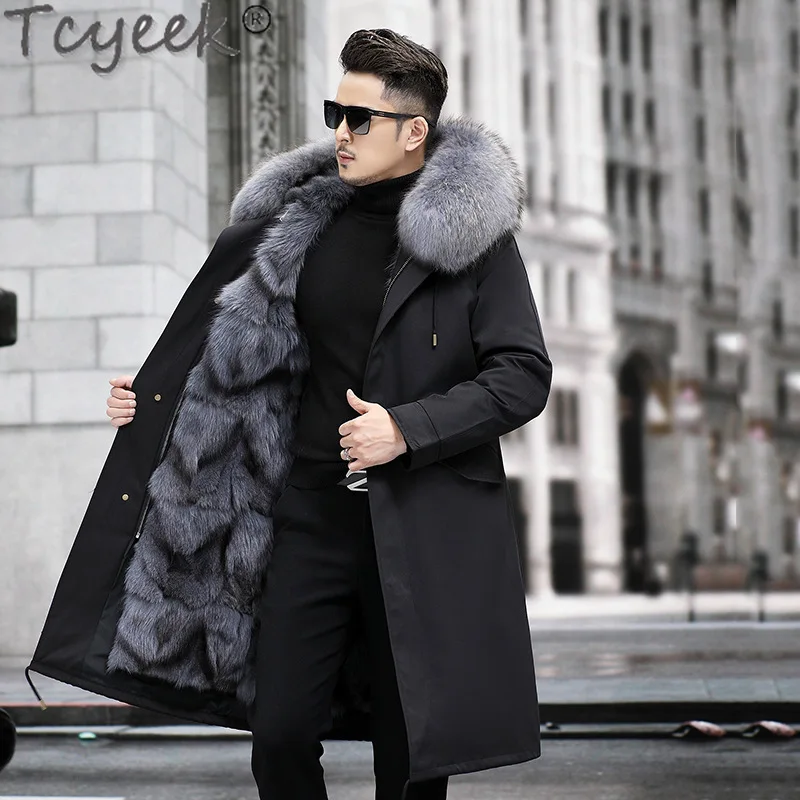 Tcyeek Winter Jackets for Men Warm Fox Fur Liner Detachable Coat Mid-long Clothes Raccoon Fur Collar Fashion Real Fur Parka Man