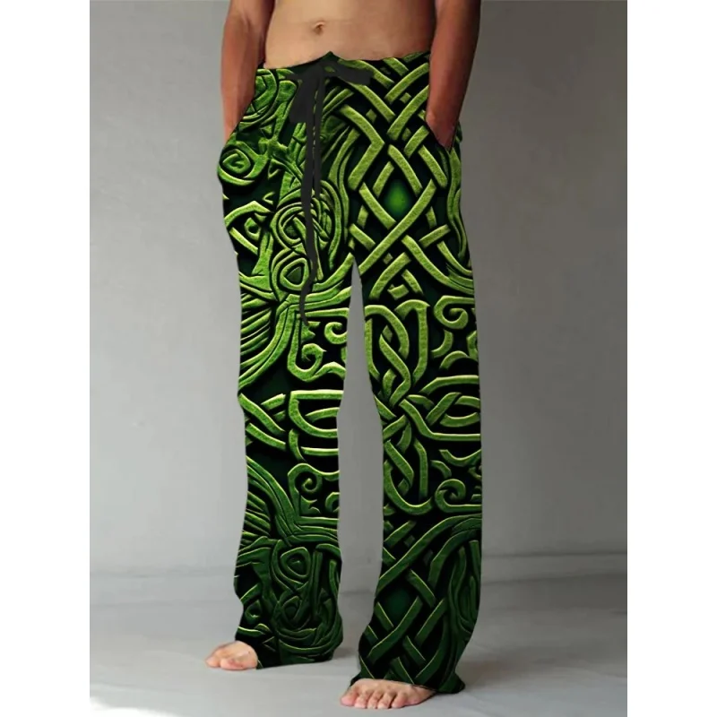 سراويل كاجوال مطبوعة ثلاثية الأبعاد على شكل نمر ريترو للرجال، سراويل مستقيمة برباط، سراويل شاطئ صيفية