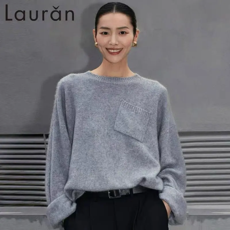 

Celebrity style gray round neck women's sweater autumn/winter pullover long sleeved casual loose silhouette wool knit sweatertop