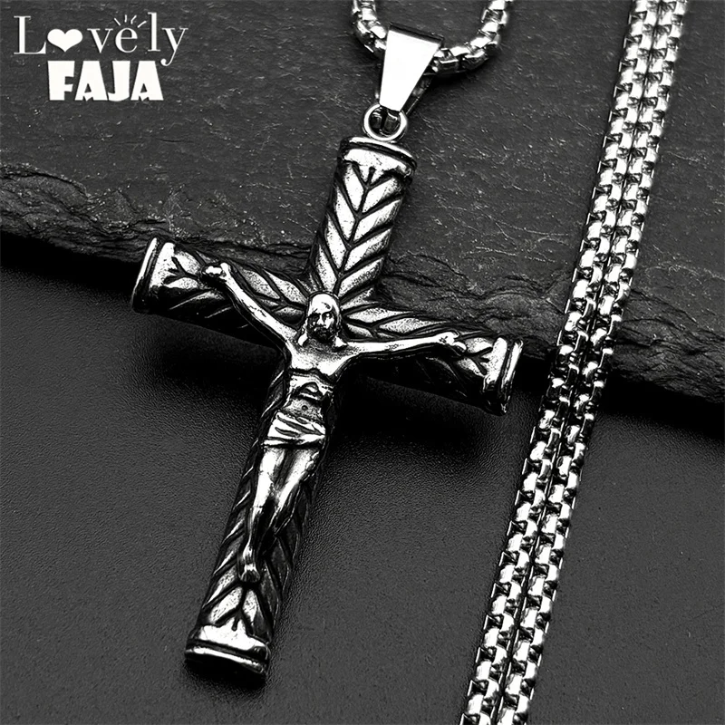 

Retro Christian Jesus Crucifix Cross Pendant Necklace for Women Men Stainless Steel Silver Color Hip Hop Chain Amulet Jewelry