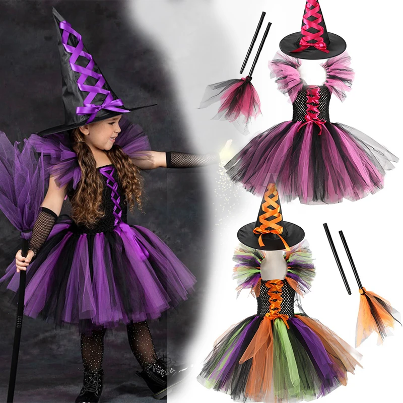 Halloween Girls Witch Cosplay Tutu Dress Kids Magic Costume with Witch Hat Broom for Carnival Fancy Dress Party Performance