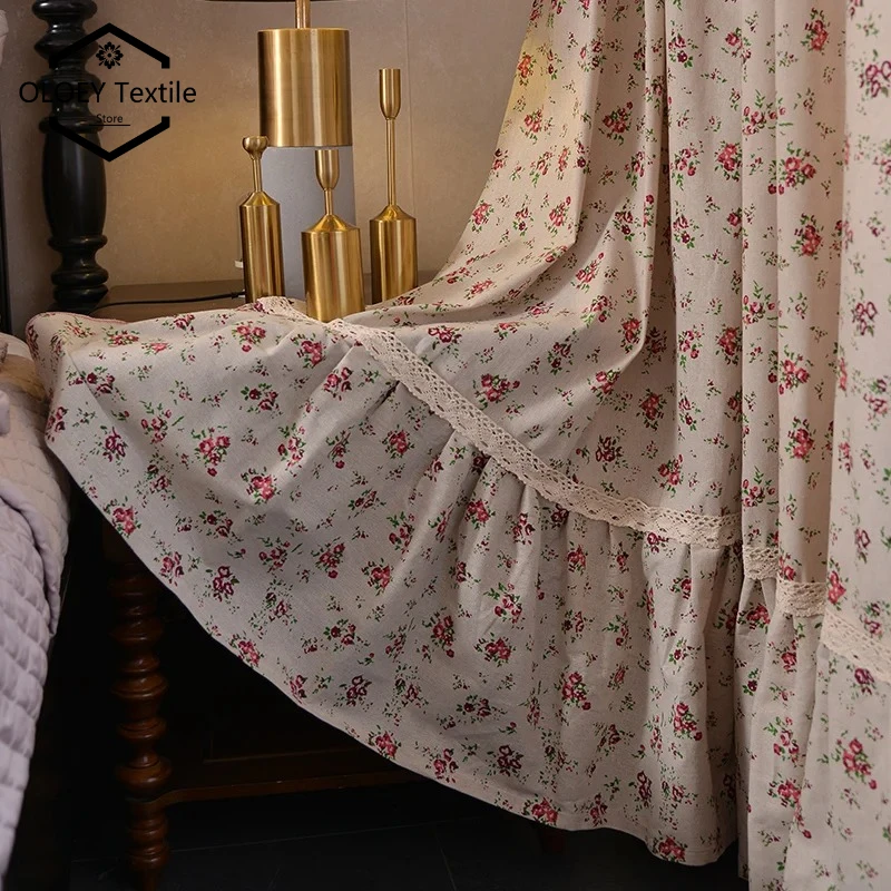 Korean Cotton Linen Semi Blackout Curtains for Living Room Floral Ruffle Valance Pastoral Style Light Filtering Drapes Custom