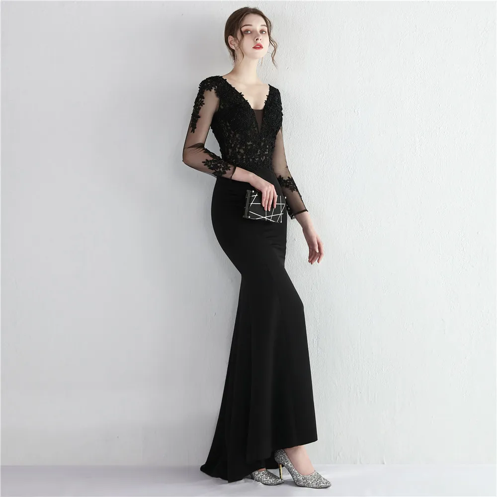 DEERVEADO Elegant Mermaid V Neck Satin Evening Dress with Appliques Full Sleeves Party Maxi Dress for Women Formal Evening Gown