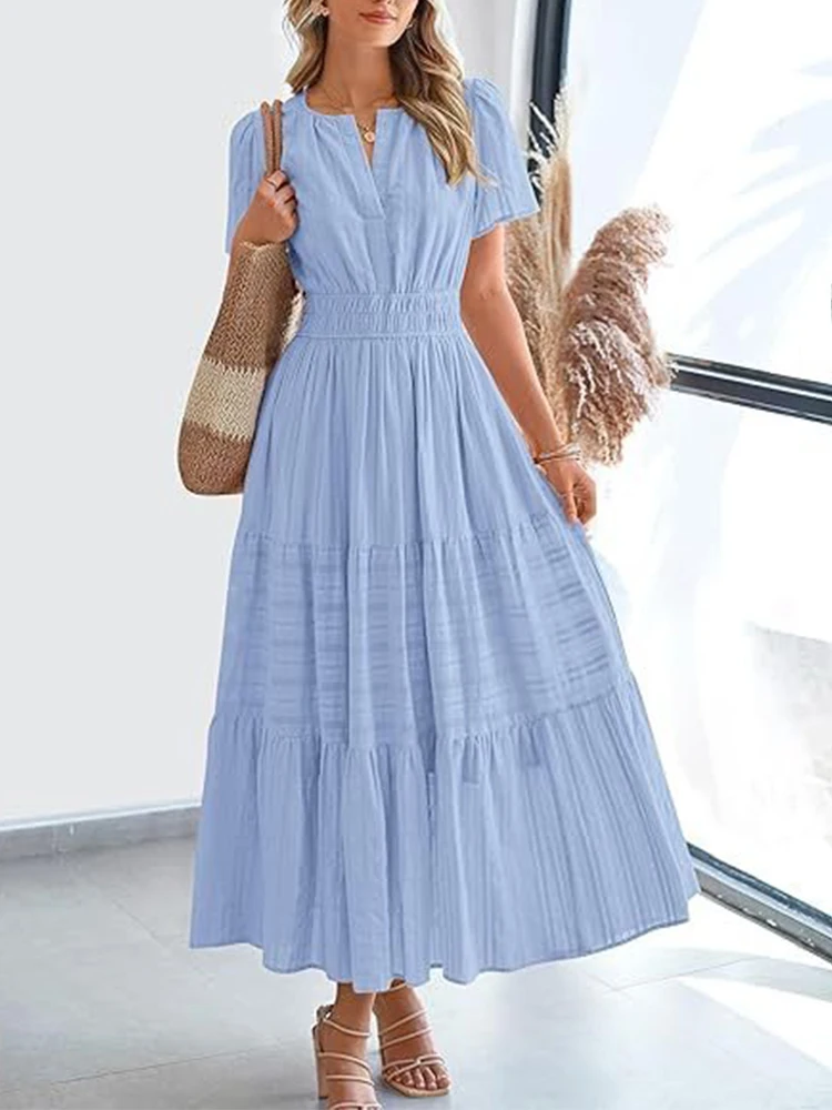 2025 Spring and Summer Cross border European and American Fashion Women's V-neck Folded Bubble Sleeve Layered Big Swing Dress - Image 4