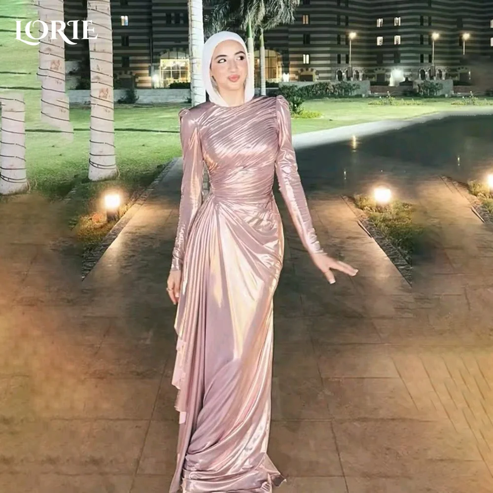 

LORIE Modest Crepe Evening Dress Pleats Puff Long Sleeve Floor Length Prom Dresses Ruched Illsion Arabia Party Gowns Customized