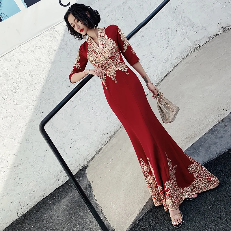 

Red Evening Gown Women's High-End Winter Long Sve Ele Luxury Fi Tail Performance Dres Korean Sle mid Waist