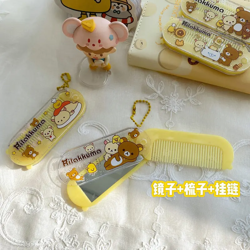 Rilakkuma Comb With Mirror Anime Relax Bear Mini Hair Brush Women Travel Portable Folding Bangs Combs Looking Glass Girls Gift - view 4