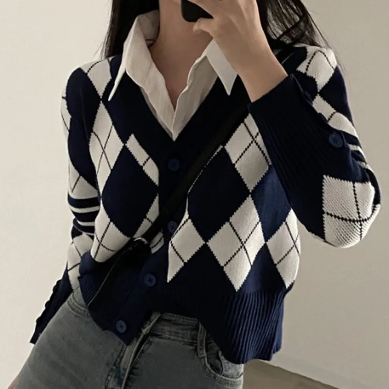 Sueter Mujer Invierno 2024 Fall Winter Fashion New Knitted Cardigan V Neck Short Vintage Rhombus Sweater Women Casual Outwear