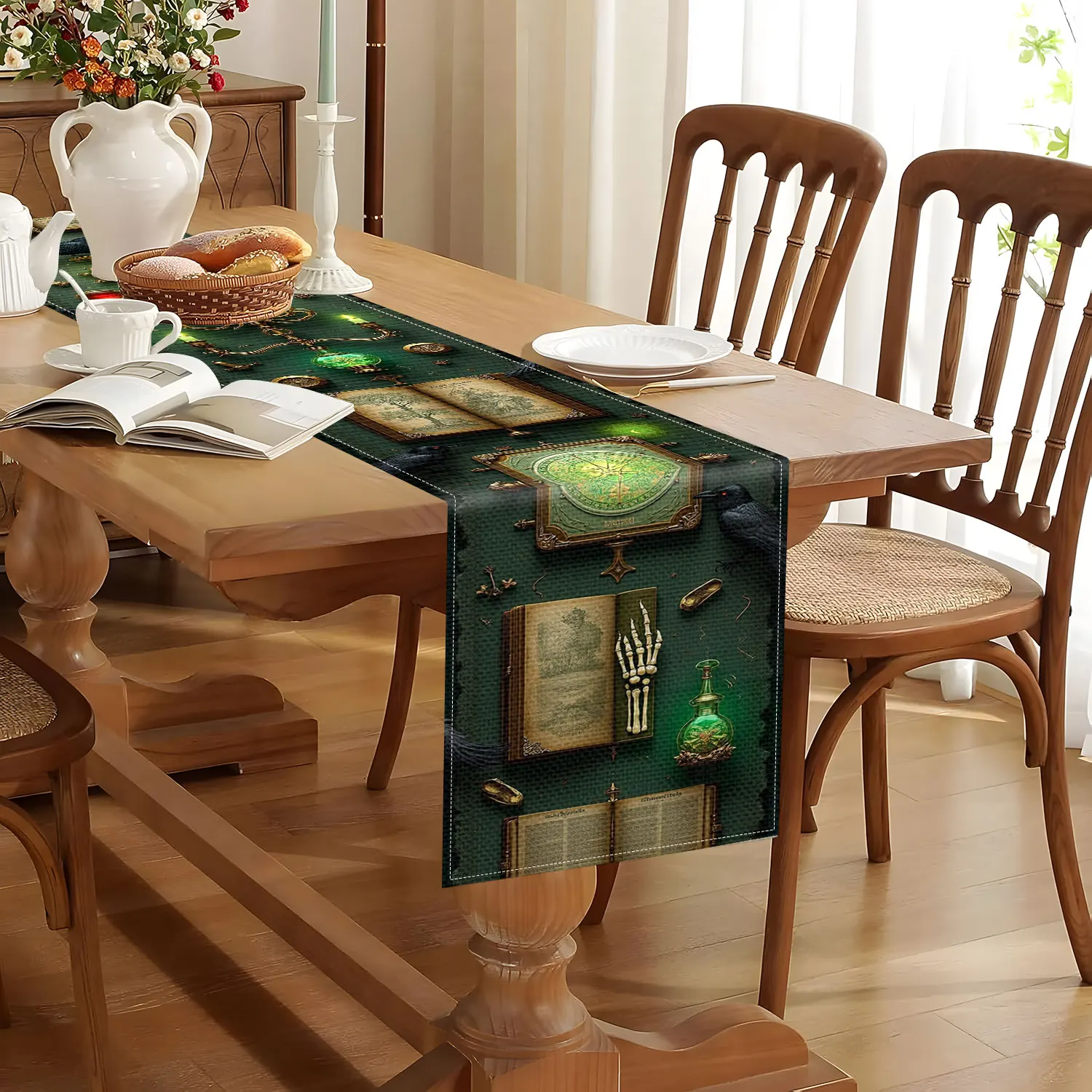 قطعة واحدة من مفرش الطاولة ذو الطابع السحري الغامض مع الكتب القديمة والغربان وأنماط زجاجات الجرعة، مناسبة للمساحات الخيالية والحفلات ذات الطابع السحري