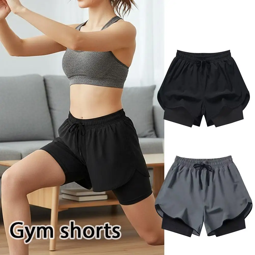 Damen 2-in-1 Sportshorts für Fitness und Laufen, Sommer-Schnelltrocknende Doppelschicht-Shorts mit Handytasche und Handtuchschlaufe, Activewear