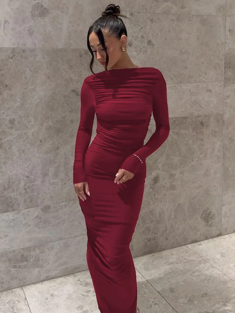 Mozision Backless Long Sleeve Sexy Maxi Dress For Women Fashion Elegant O Neck Ruched Bodycon Club Party Sexy Long Dress Elegant