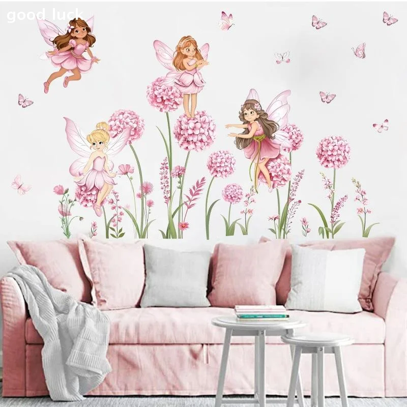 Cartoon Pink Flower Fairy Dandelion Wall Stickers Girl Room Floral Butterfly Wall Decals Bedroom Baby Nursery Kids Home Decor