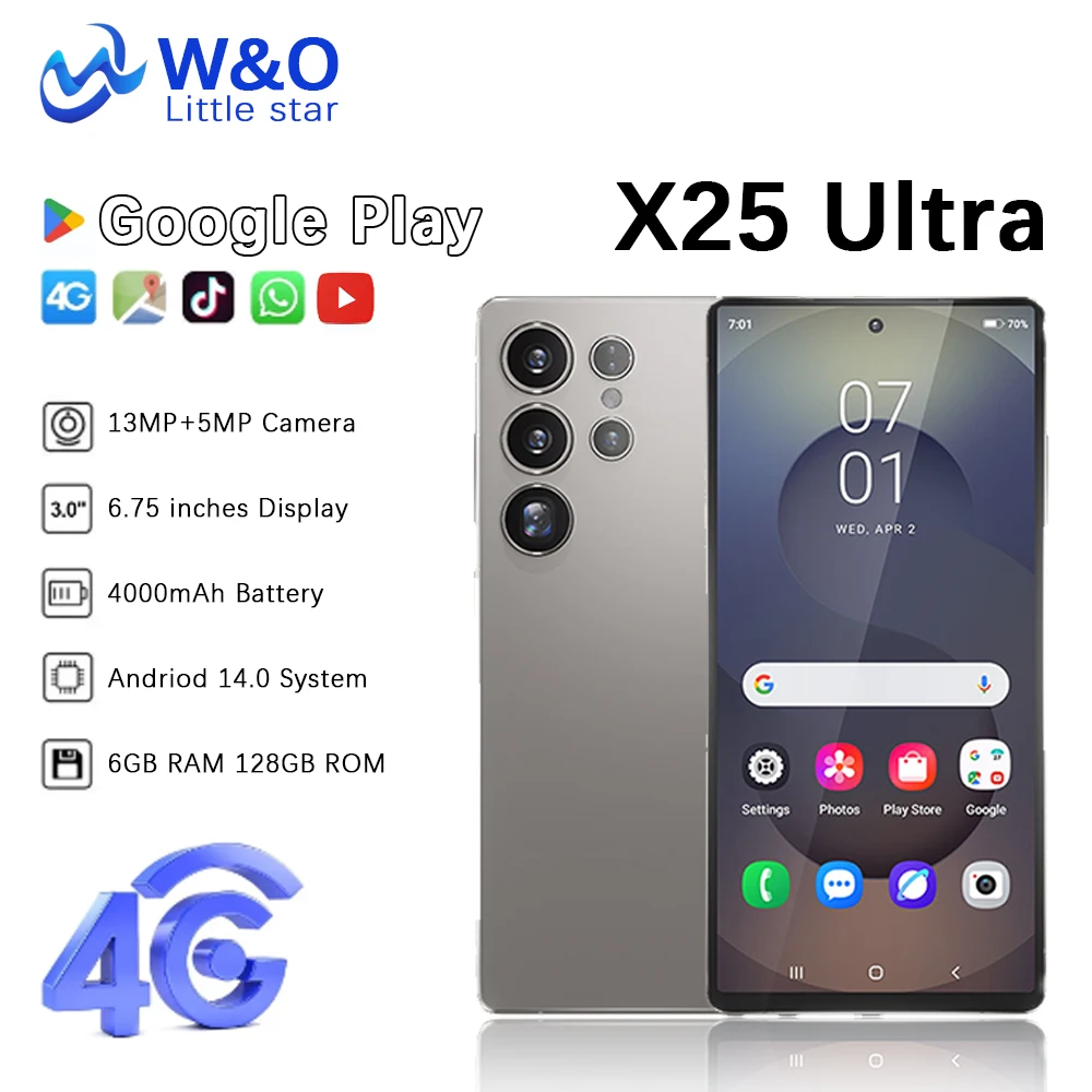 Global Version W&O X25 Ultra 4G Smartphone Android 14 Dual SIM 6.7 Inch HD+ 6GB+128GB Mobile phone 4000mAh 13MP Camera Cellphone